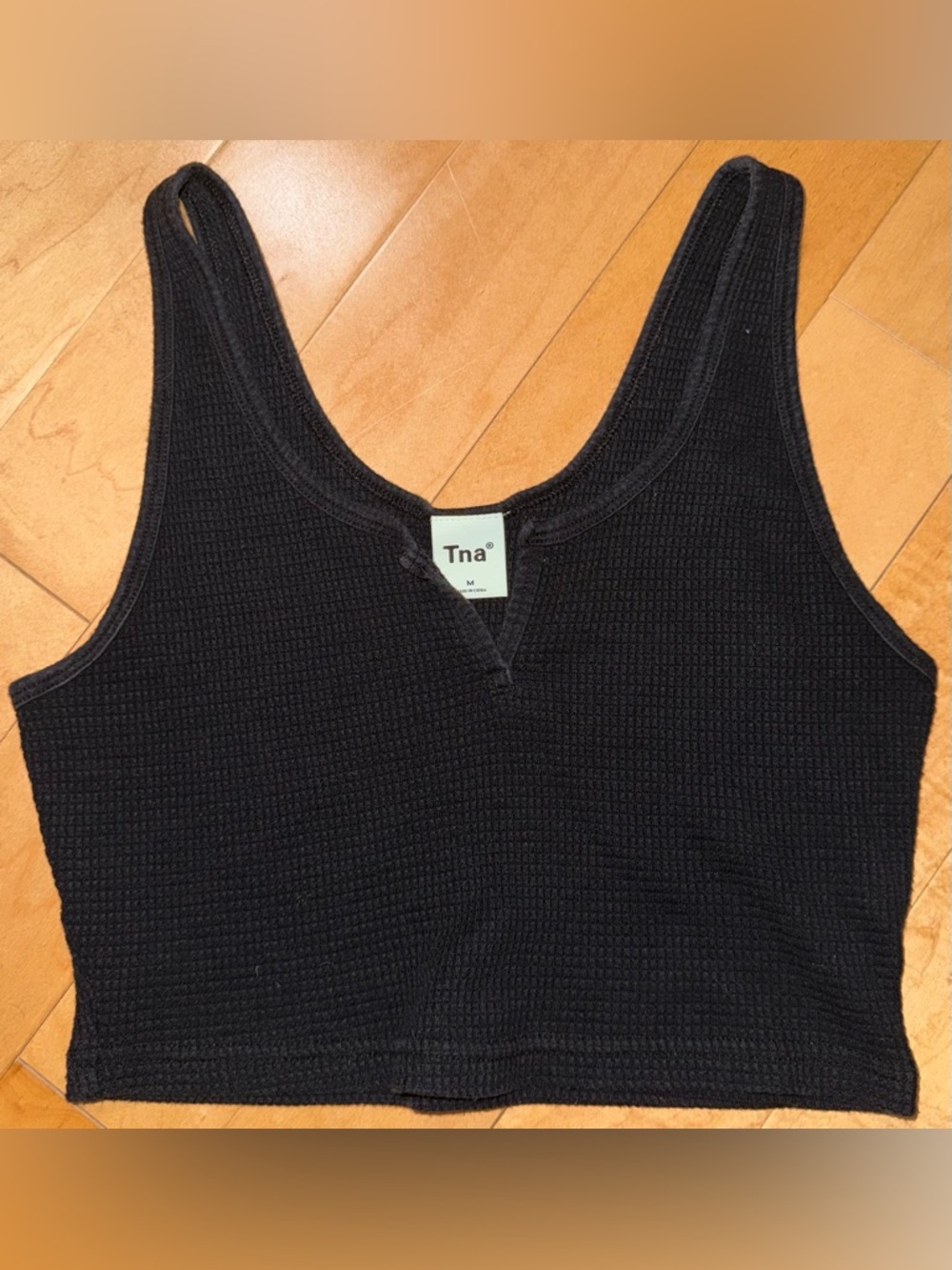 TNA Black Waffle Henley Cropped Tank